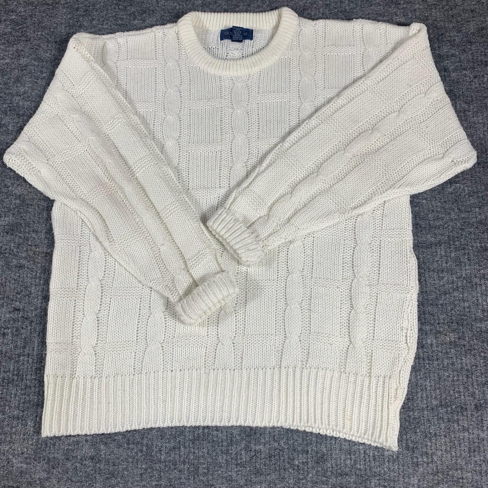 Claybrooke Sweater Mens L White Cable Knit Heavyweight Pullover Acrylic